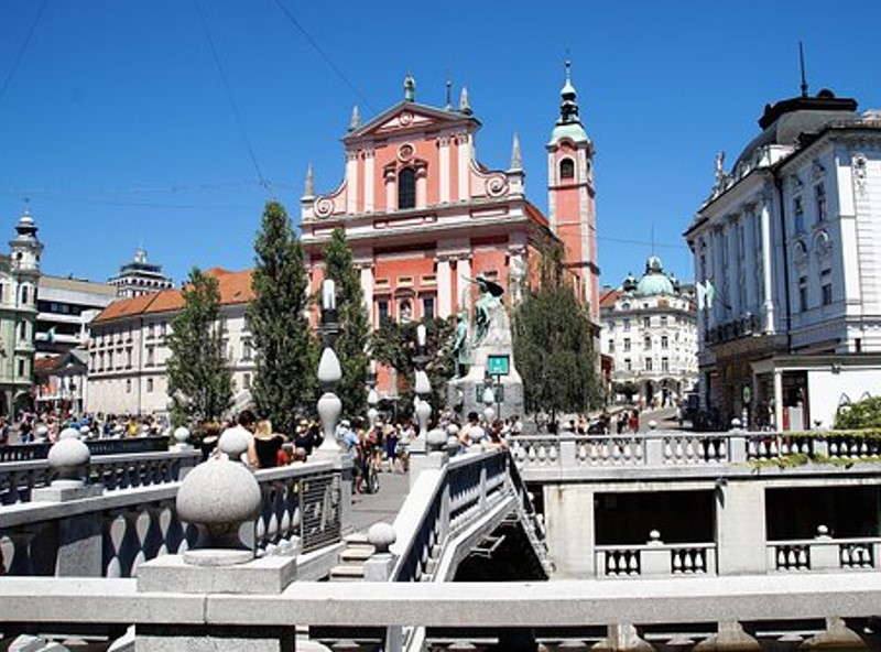 Prešeren square and Triple Bridge in the city of Ljubljana
